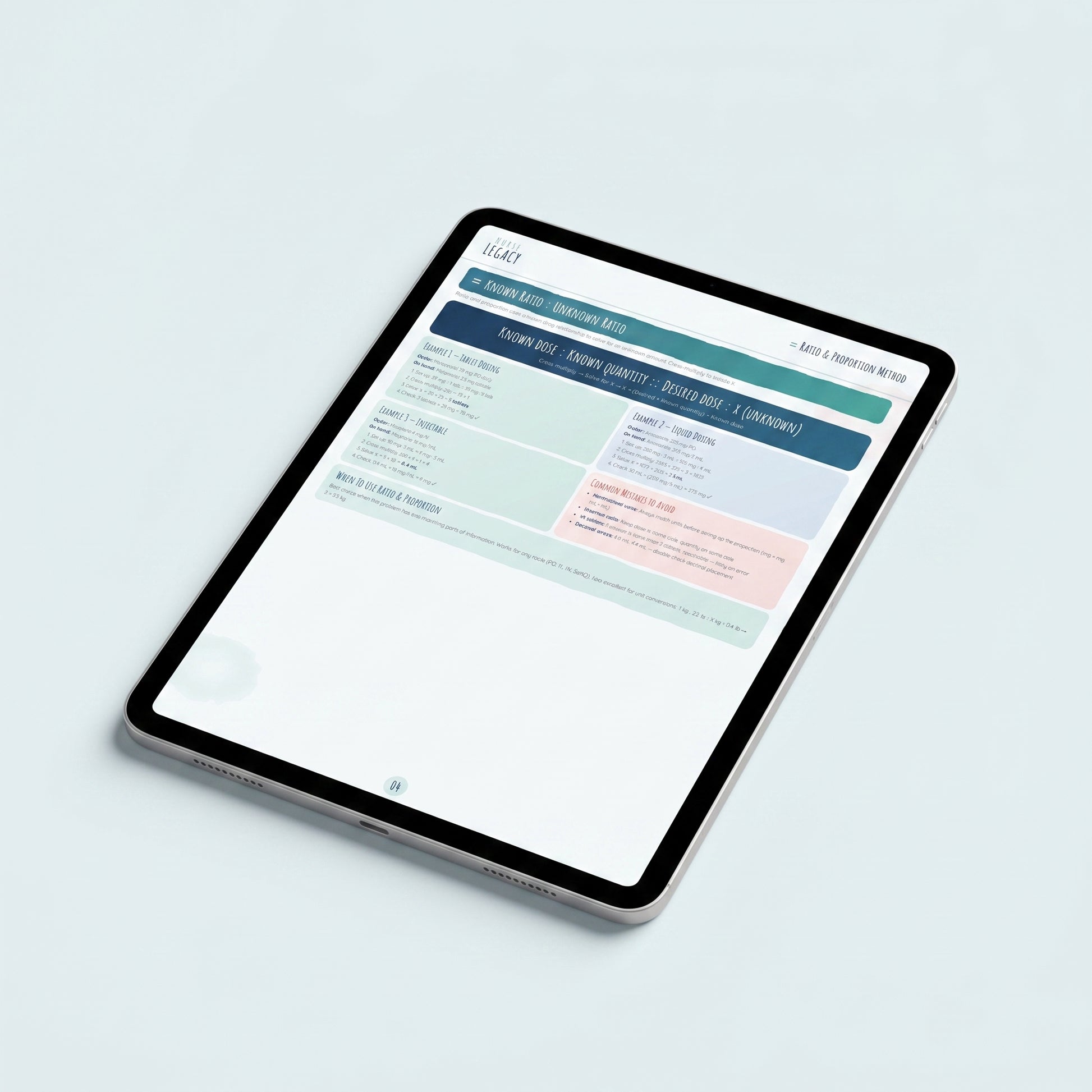 NurseLegacy Dosage Calculations nursing study guide PDF shown open on iPad — instant digital download