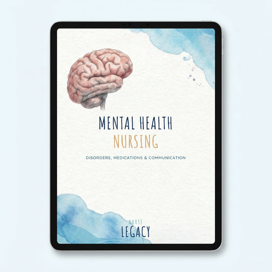 Mental Health Nursing study guide PDF cover — watercolor brain illustration, NurseLegacy