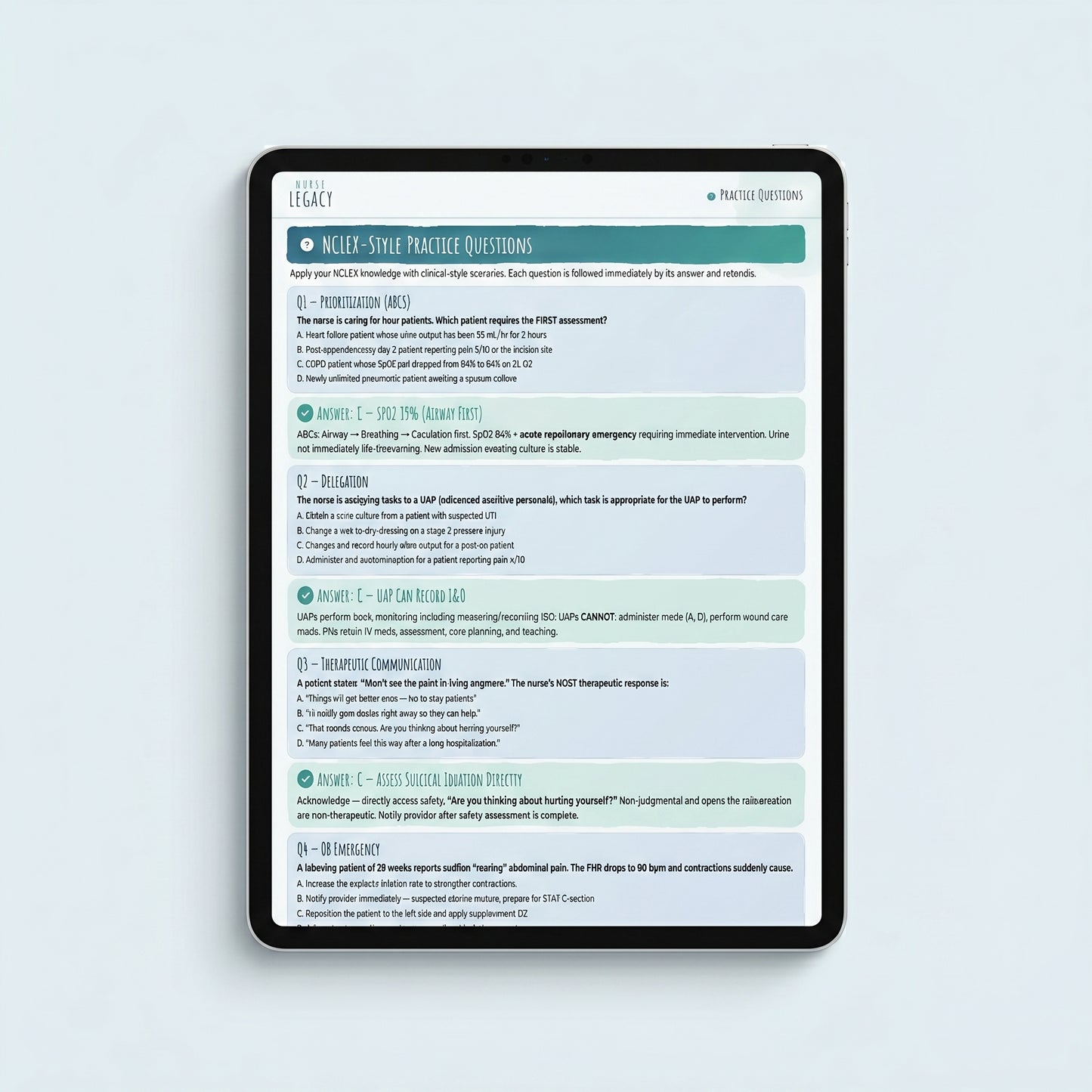 NCLEX-RN Prep ebook interior pages — prioritization and quick reference cheat sheet by NurseLegacy