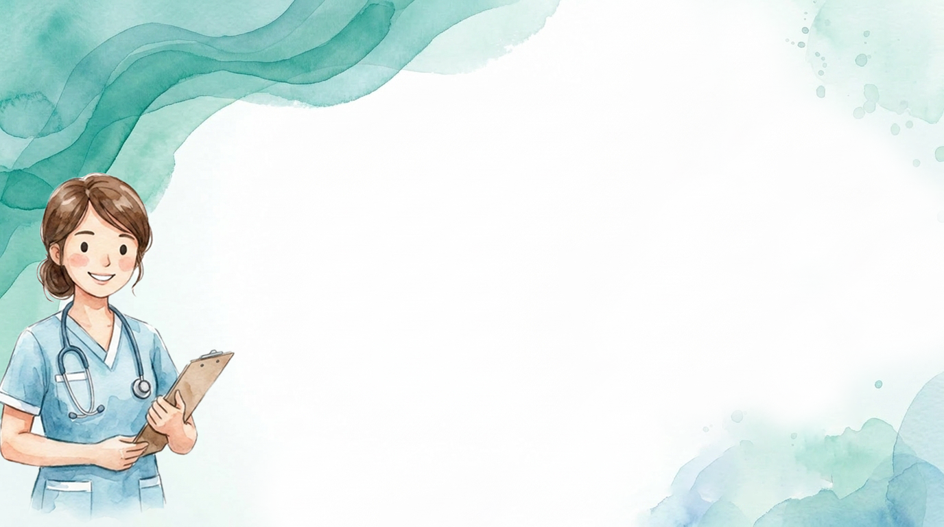 A soft watercolor-style illustration of a smiling healthcare worker in blue scrubs with a stethoscope, holding a clipboard on the left side of the image. The background features abstract teal and aqua watercolor waves along the top and corners, with a large blank white space in the center and right side for text, making it suitable for medical, healthcare, or nursing presentations and posters.