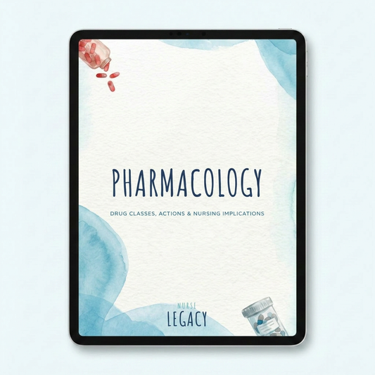 Pharmacology NurseLegacy study guide on iPad — drug classes actions and nursing implications