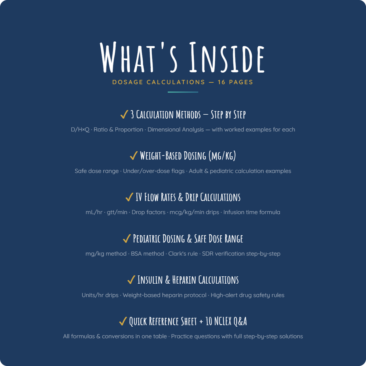 What's inside the NurseLegacy Dosage Calculations study guide — 12 chapters including IV drips, weight-based dosing, and NCLEX practice questions