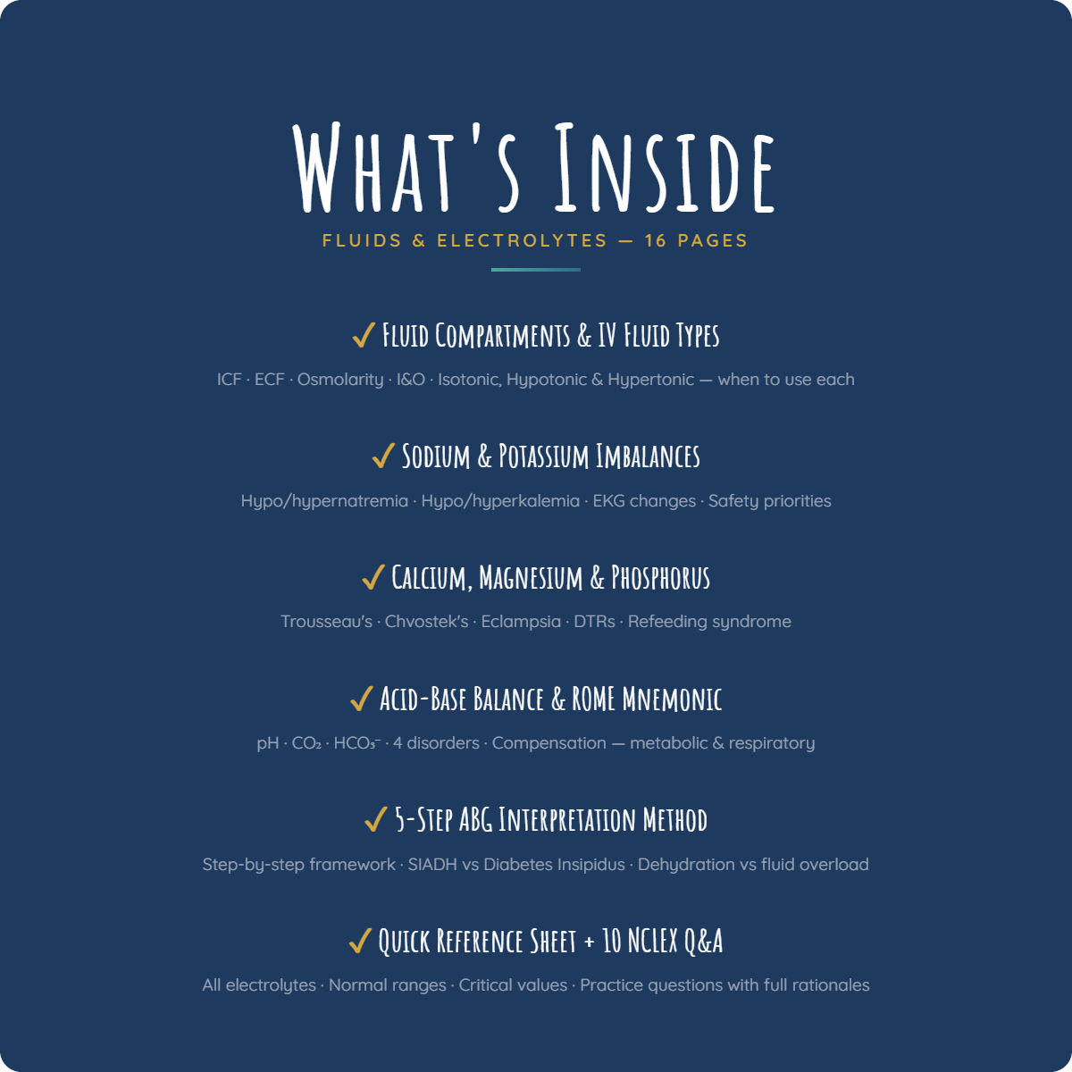 What's inside the NurseLegacy fluids and electrolytes study guide — 6 topics including ABGs, IV fluids, and NCLEX practice questions
