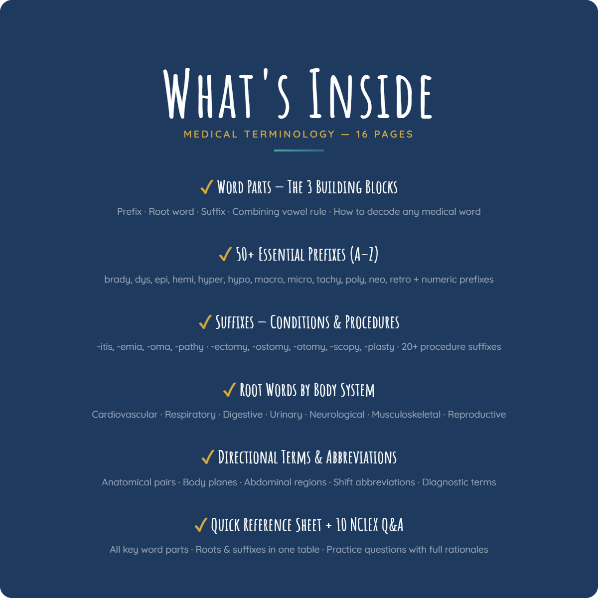 What's inside the NurseLegacy Medical Terminology guide — prefixes, suffixes, root words by body system, directional terms, and 10 NCLEX practice questions