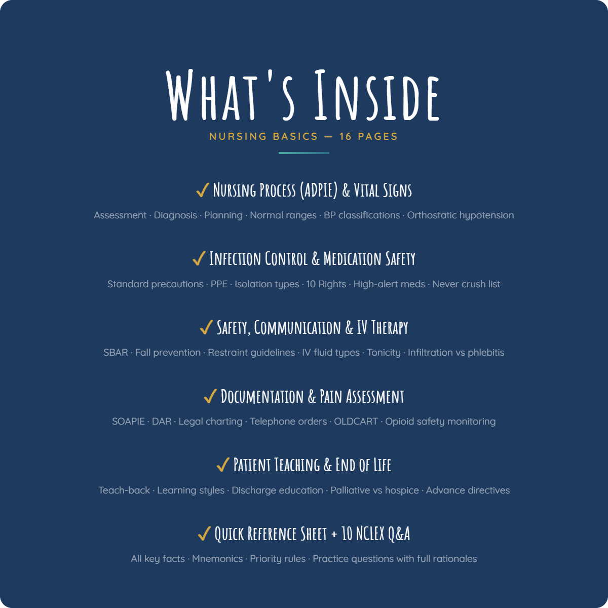 What's inside the NurseLegacy Nursing Basics guide — nursing process, vital signs, infection control, medication safety, IV therapy, documentation, and 10 NCLEX practice questions